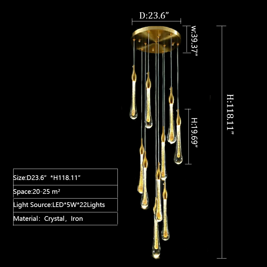 Foyer Glass Drops Pendant Chandelier Spiral Staircase High Ceiling Light Fixture In Gold Finish-MEET LIGHTING