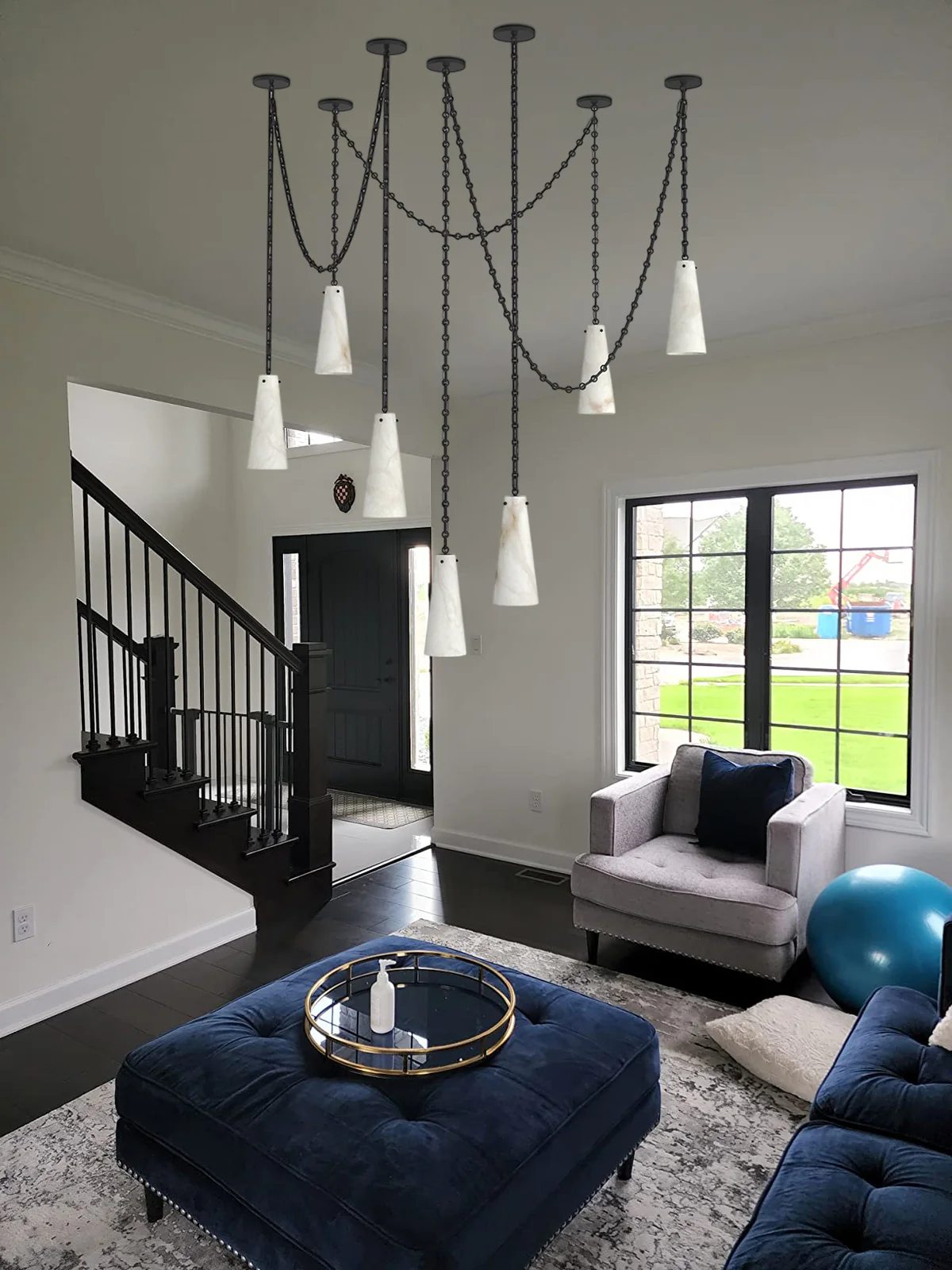 Luccas Alabaster 12 Light Chandelier with Adjustable Brass/Black Chain-MEET LIGHTING