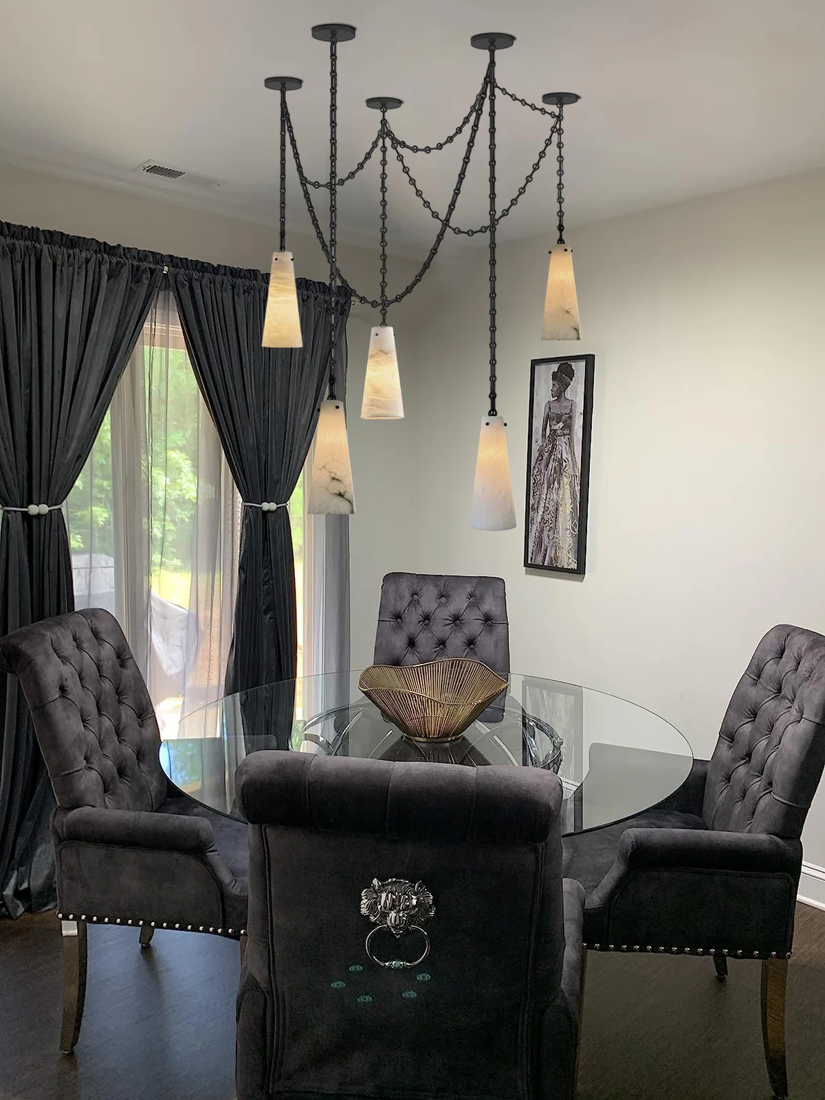 Luccas Alabaster 12 Light Chandelier with Adjustable Brass/Black Chain-MEET LIGHTING