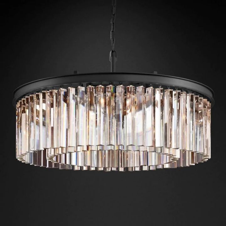 1920s Odeon Crystal Art Deco Single Round Chandelier 32"D/43"D