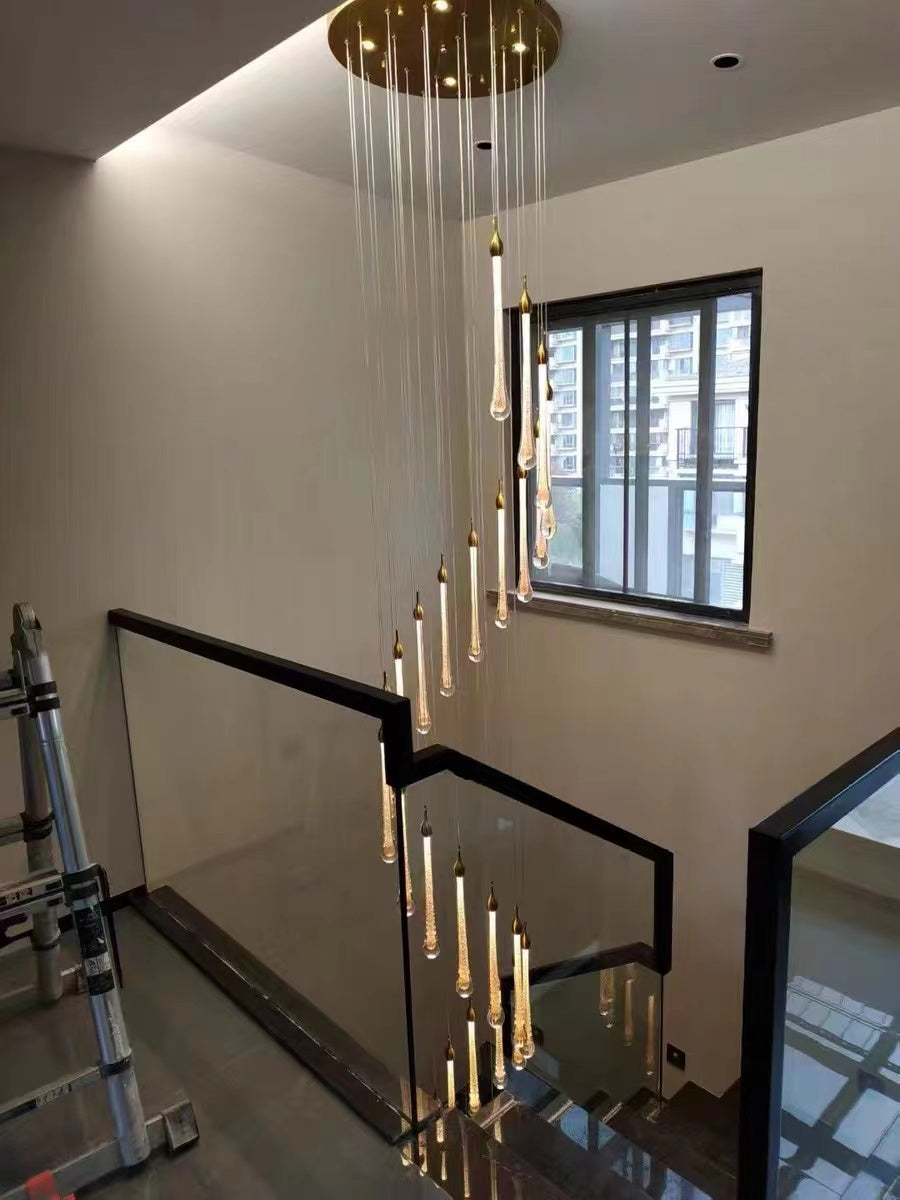 Foyer Glass Drops Pendant Chandelier Spiral Staircase High Ceiling Light Fixture In Gold Finish-MEET LIGHTING