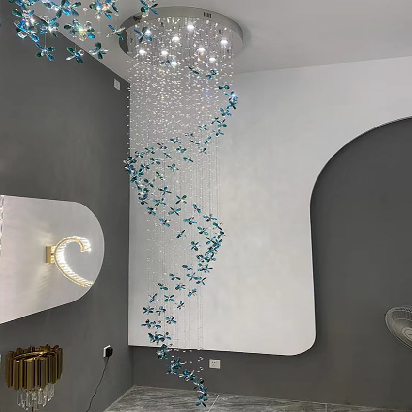 Extra Large Creative Luxury Petal Crystal Pendant Long Chandelier for Foyer/Staircase/Entrance Dining Hall Spiral Ceiling Light-MEET LIGHTING
