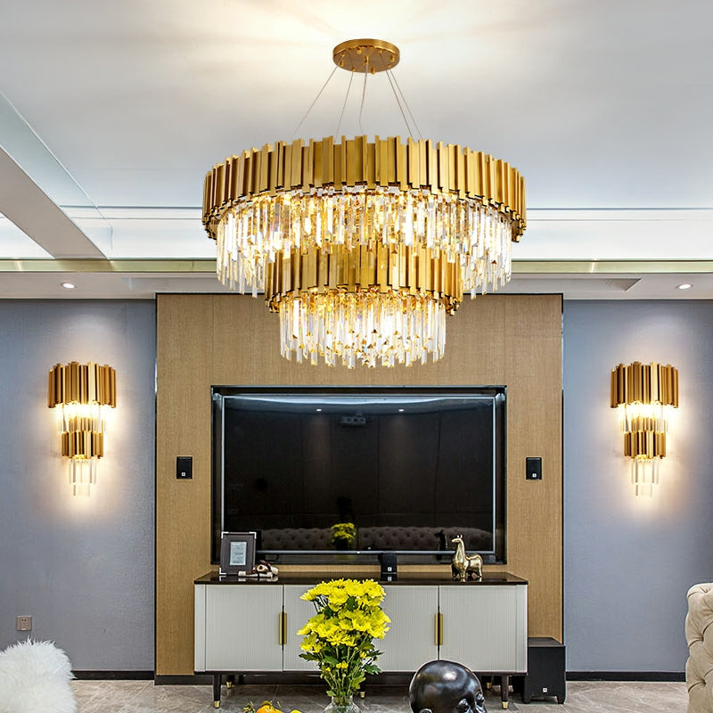 Gold/Silver Round Modern Tiered Metal Crystal Chandelier-MEET LIGHTING