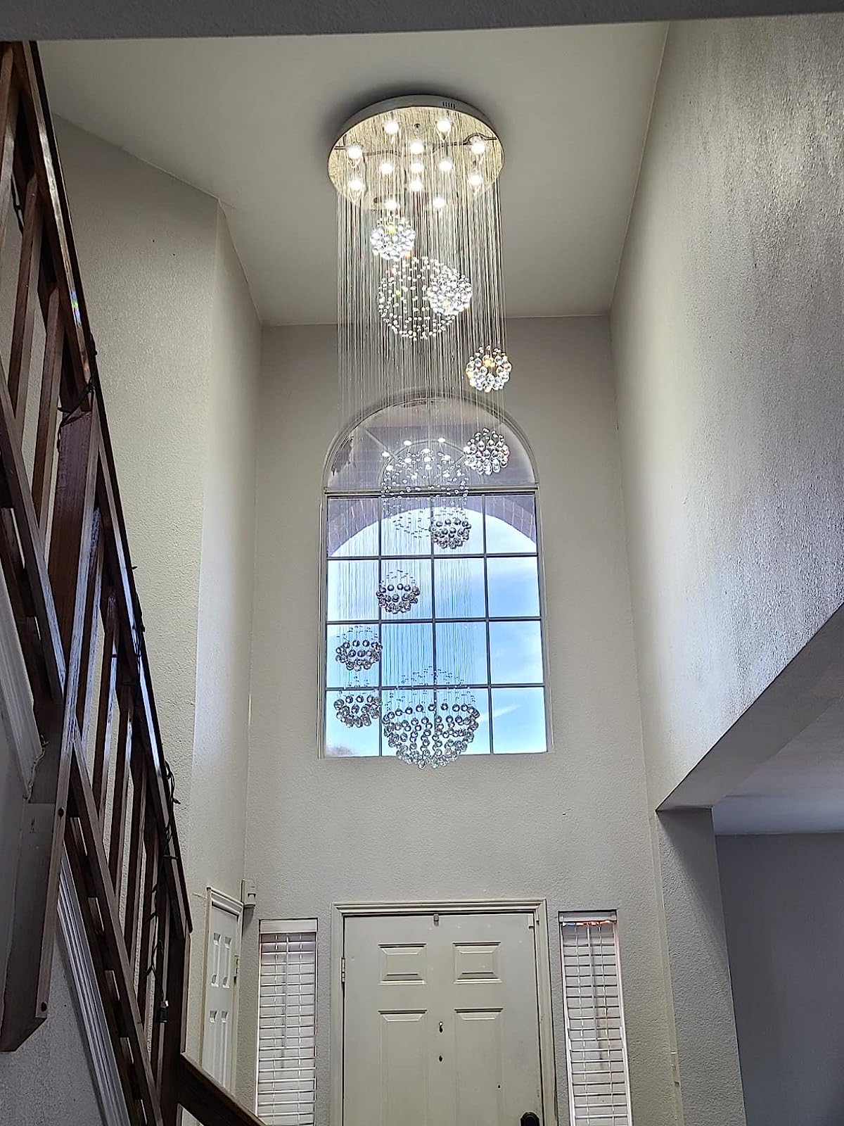 Stately Duplex Crystal Chandelier Spiral Raindrop Globe Shape Ceiling Hanging Light for Entryway/Staircase-MEET LIGHTING