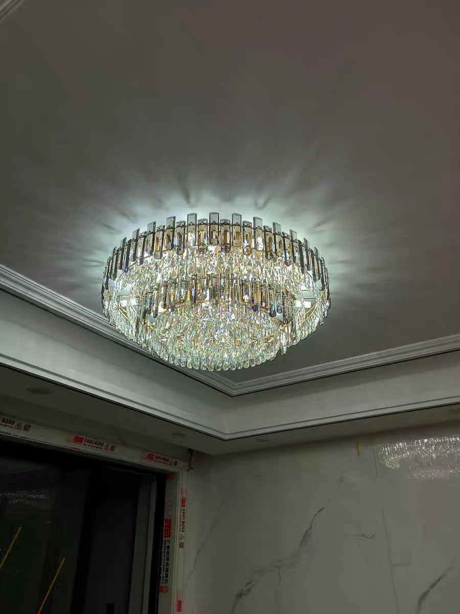 Smoke Gray Crystal Chandelier Flush Mounted Ceiling Light Fitxture Set for Dining Room/Living Room-MEET LIGHTING