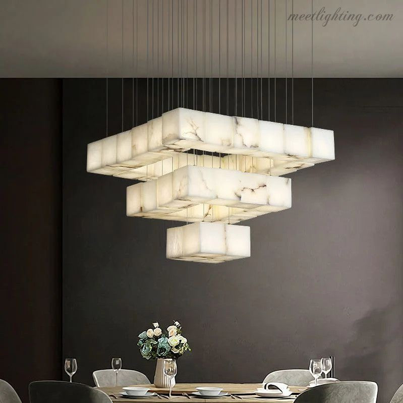 Alabaster Cubic Foyer Staircase Long Chandelier-MEET LIGHTING
