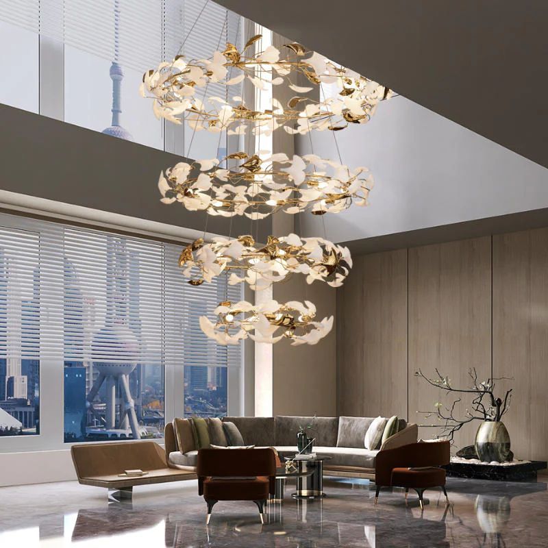 Ceramic Ginkgo Round Staircase Chandelier-MEET LIGHTING