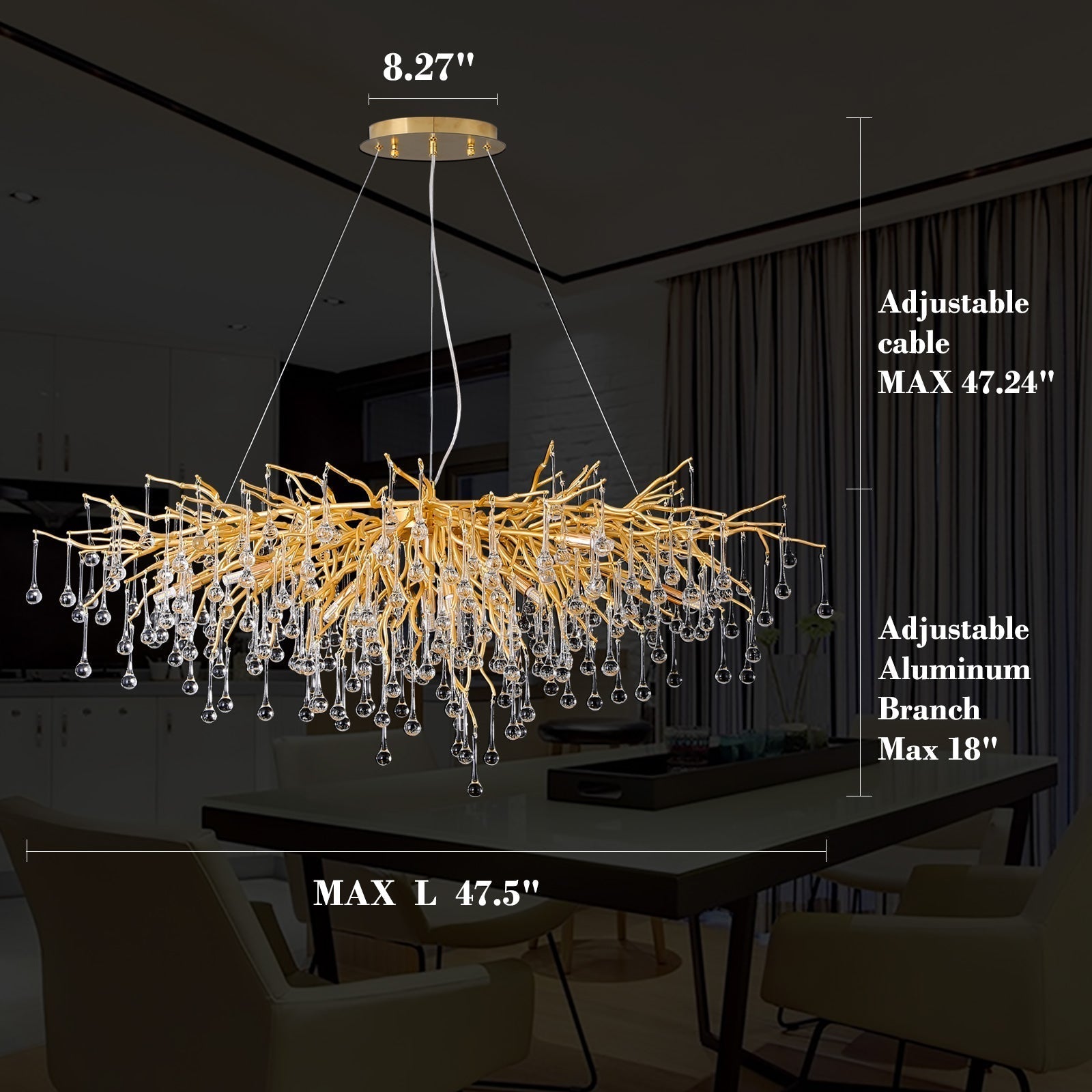 Doris Crystal Rectangular Branch Chandelier L45"-MEET LIGHTING