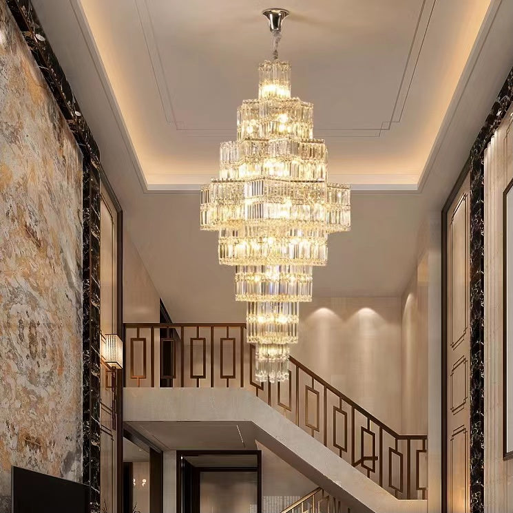 Extra Large Plaza Hall Multi-Tier Crystal Chandelier Foyer Living Room Staircase Ceiling Lighting Fixture In Chrome/ Silver Finish-MEET LIGHTING
