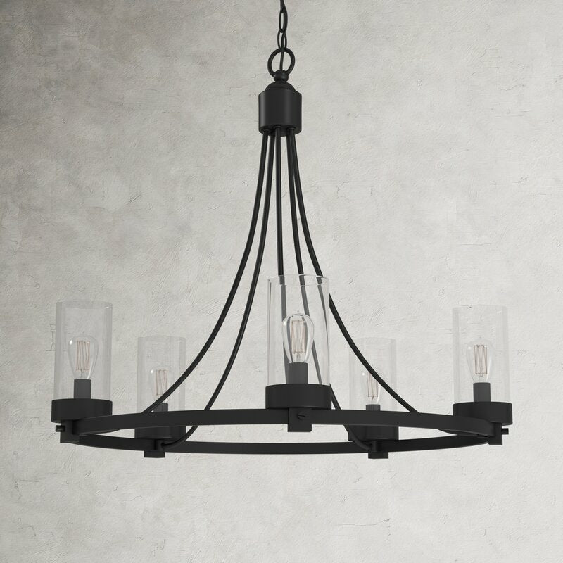 Matte Black/ Chrome Farmhouse Chandeliers 5-Light Wagon Wheel North American Traditional Patio Ceiling Lights-MEET LIGHTING
