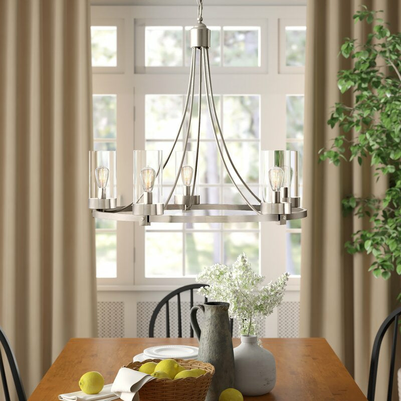 Matte Black/ Chrome Farmhouse Chandeliers 5-Light Wagon Wheel North American Traditional Patio Ceiling Lights-MEET LIGHTING