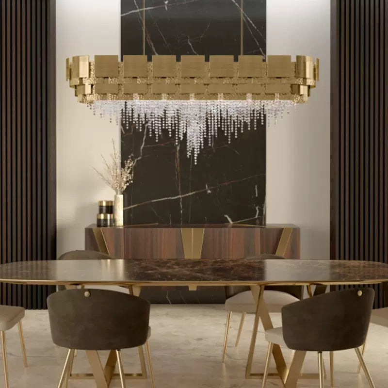 Post-modern Light Luxury Oval/Round Tiered Tassel Crystal Chandelier in Gold Finish for Living/Dining Room-MEET LIGHTING