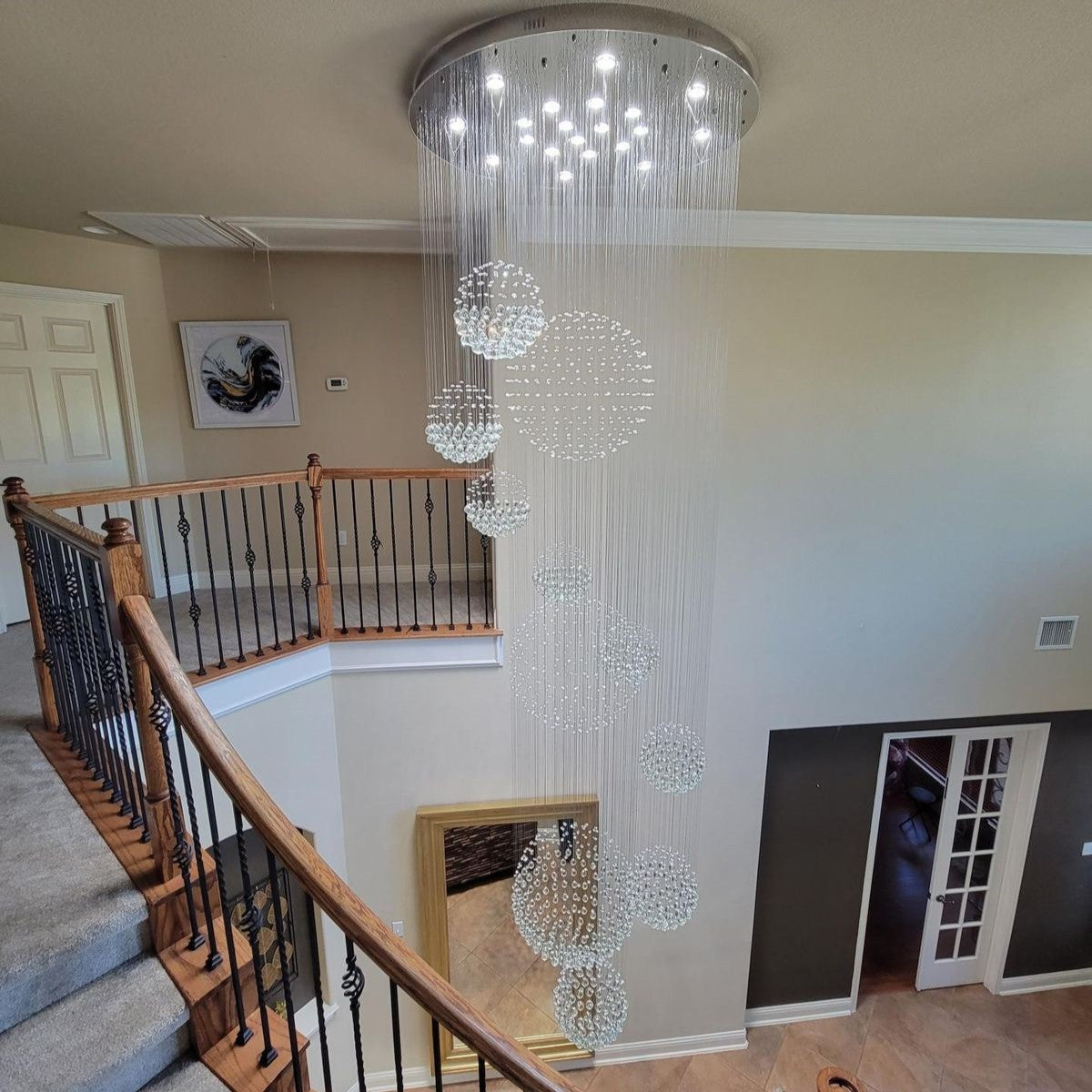 Stately Duplex Crystal Chandelier Spiral Raindrop Globe Shape Ceiling Hanging Light for Entryway/Staircase-MEET LIGHTING