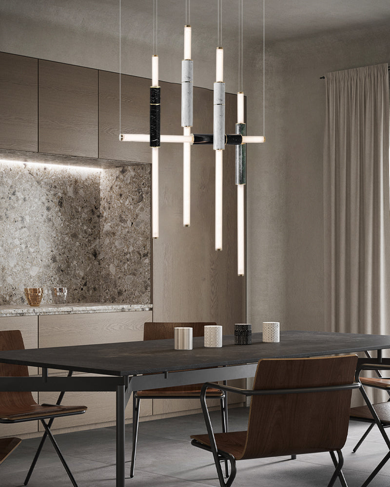 Slim Alabaster Linear Pipe Pendant Light - Silver, Green & Black - suspended vertically & horizontally