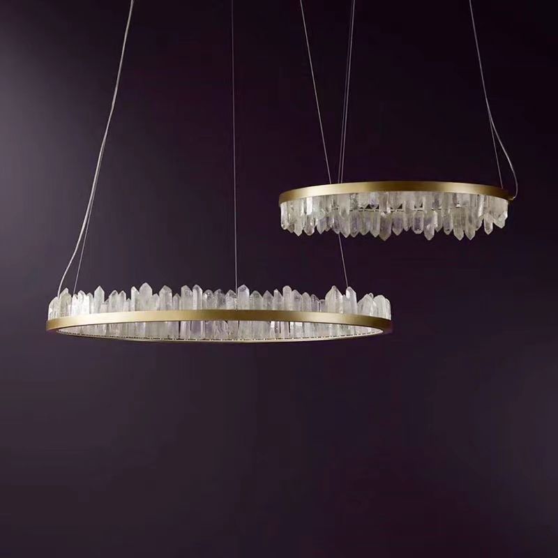 Modern Style Rings Brass & Natural Quartz Crystal Chandelier in Brass/Black Finish-MEET LIGHTING