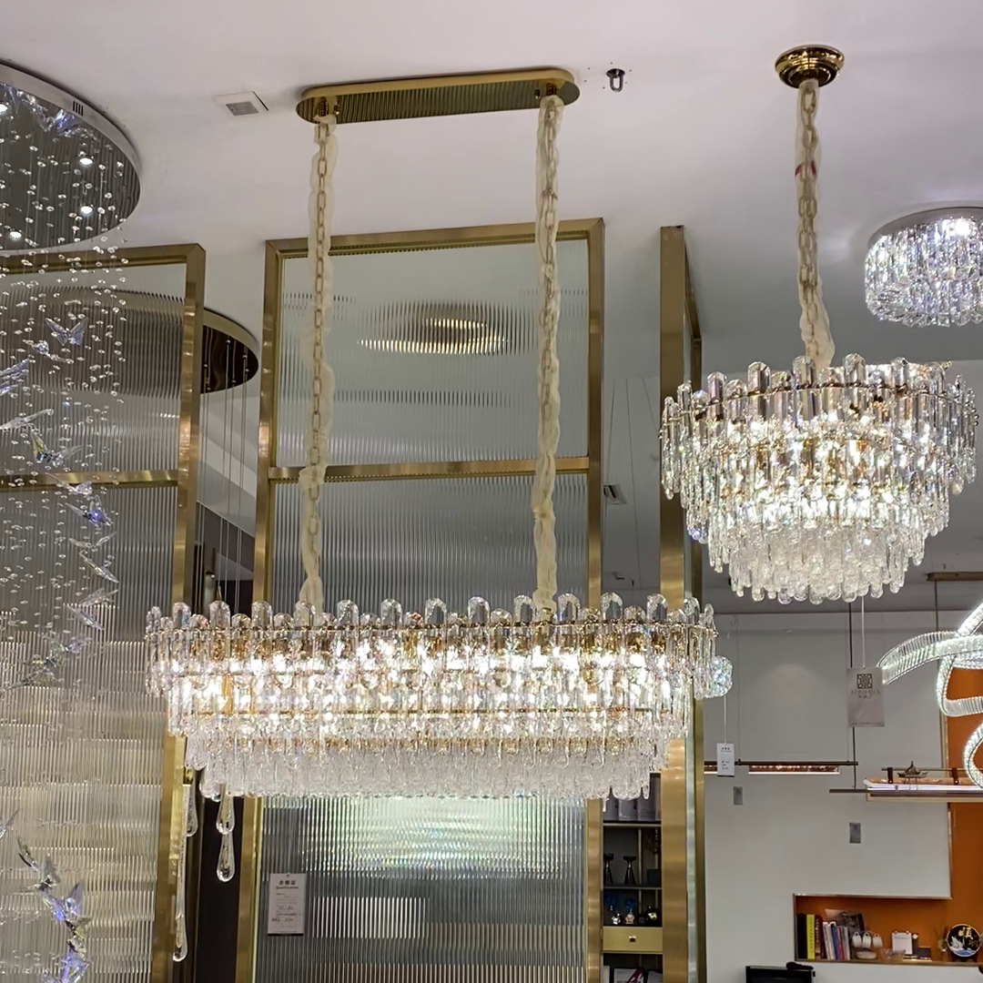 Light Luxury Round/Rectangular Clear Crystal Chandelier in Champagne Gold/Chrome Finish for Living/Dining Room/Bedroom-MEET LIGHTING