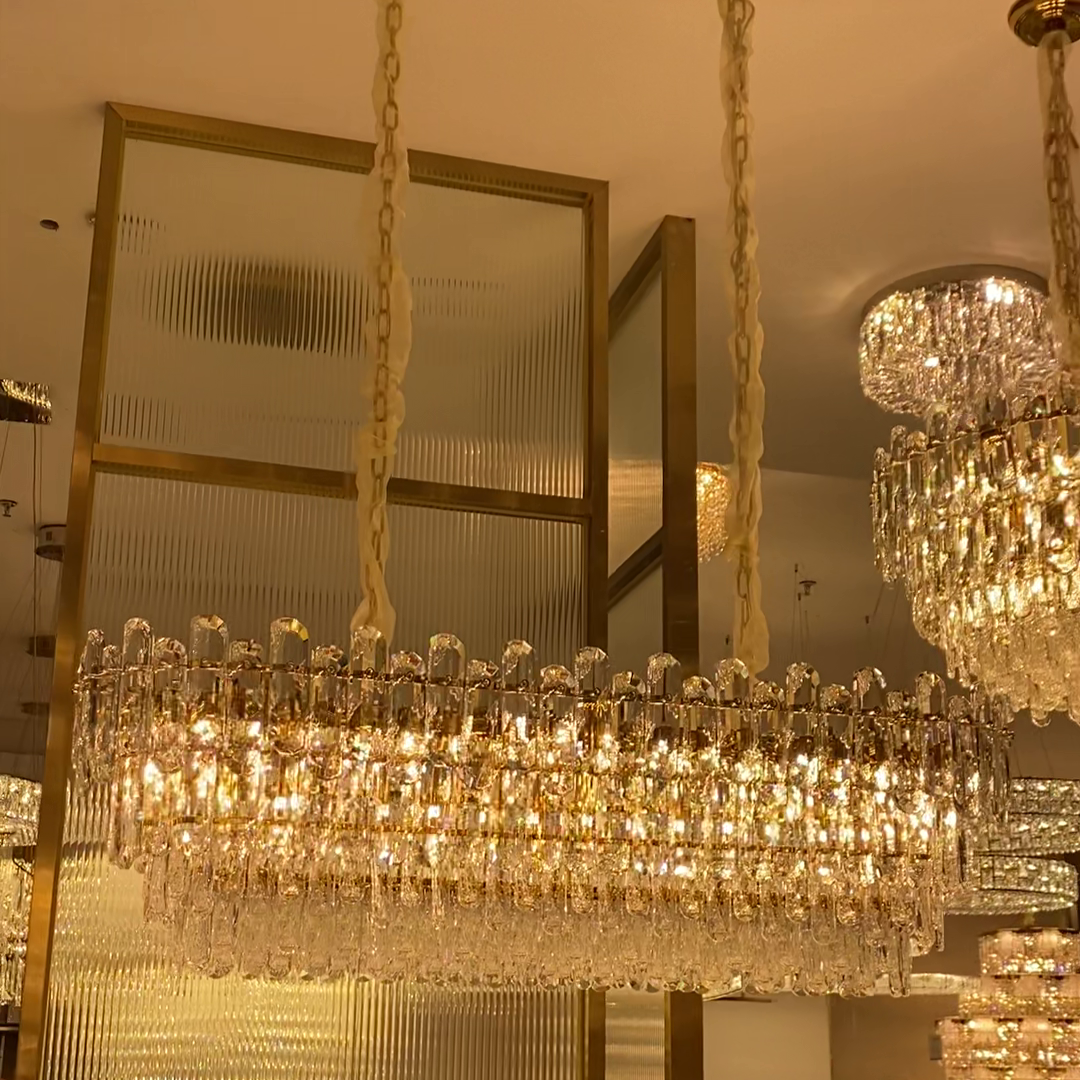 Light Luxury Round/Rectangular Clear Crystal Chandelier in Champagne Gold/Chrome Finish for Living/Dining Room/Bedroom-MEET LIGHTING