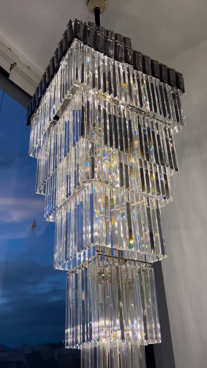 Extra Large Vertical Crystal Staircase Chandelier Foyer Ceiling Light Fixture in Gray/Amber Brim-MEET LIGHTING