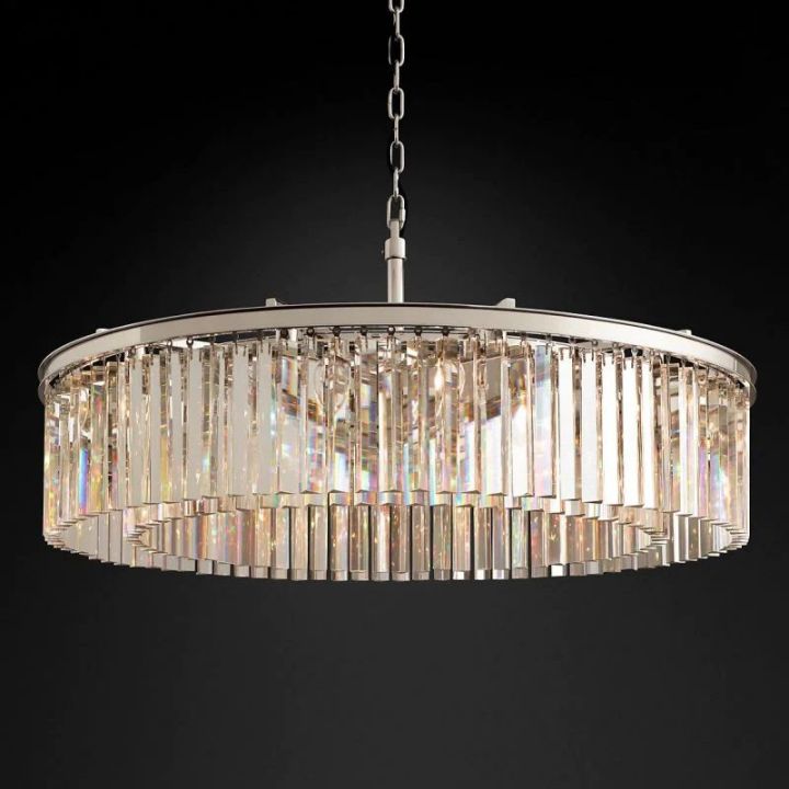 1920s Odeon Crystal Art Deco Single Round Chandelier 32"D/43"D