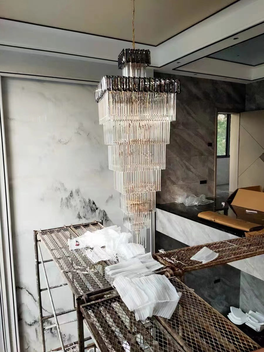 Extra Large Vertical Crystal Staircase Chandelier Foyer Ceiling Light Fixture in Gray/Amber Brim-MEET LIGHTING