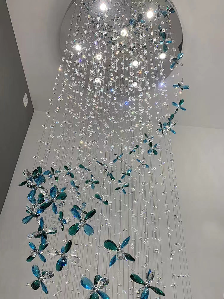 Extra Large Creative Luxury Petal Crystal Pendant Long Chandelier for Foyer/Staircase/Entrance Dining Hall Spiral Ceiling Light-MEET LIGHTING