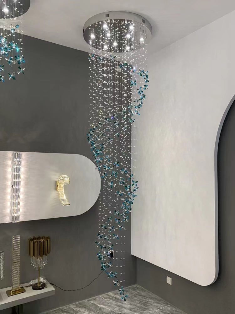Extra Large Creative Luxury Petal Crystal Pendant Long Chandelier for Foyer/Staircase/Entrance Dining Hall Spiral Ceiling Light-MEET LIGHTING
