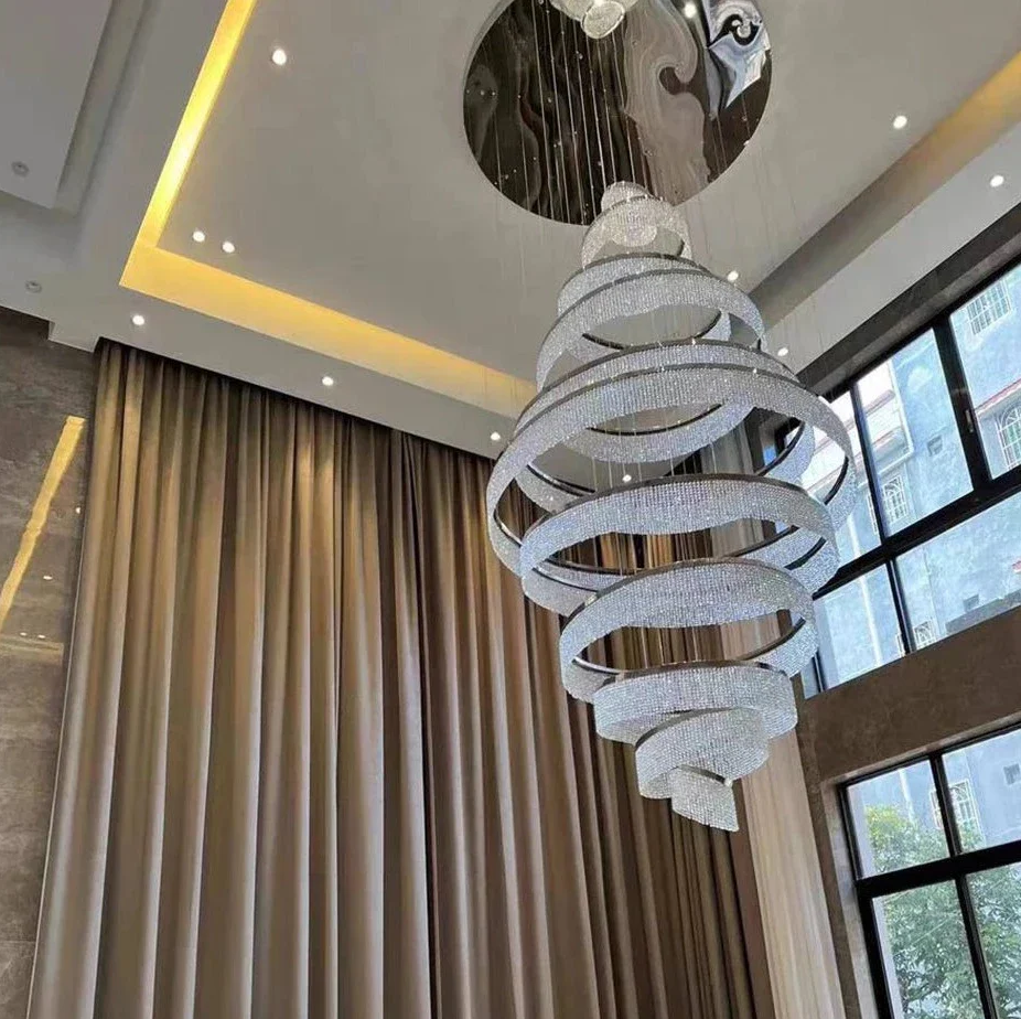 Long Crystal Tassel Rings Chandelier Extra Large Living Room Staircase High Ceiling Lighting Fixture-MEET LIGHTING