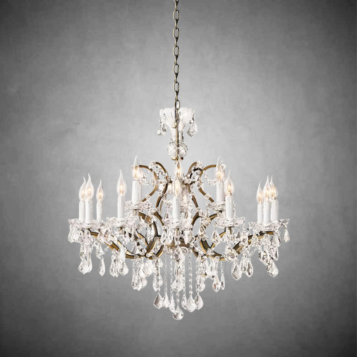 HA Rococo Iron Crystal Round Chandelier 33in Antique Brass