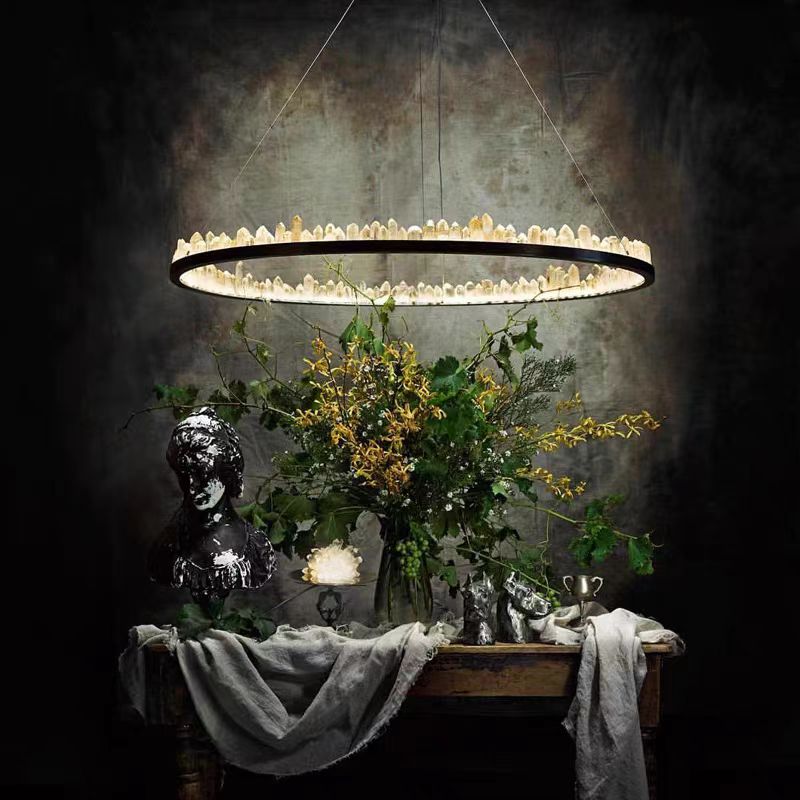 Modern Style Rings Brass & Natural Quartz Crystal Chandelier in Brass/Black Finish-MEET LIGHTING