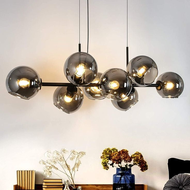Modern Linear Smoky Gray Glass Globe Shade Chandelier for Dining Room/Kitchen Island-MEET LIGHTING