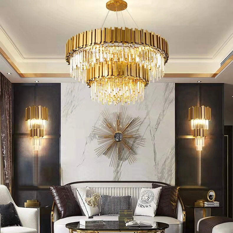 Gold/Silver Round Modern Tiered Metal Crystal Chandelier-MEET LIGHTING