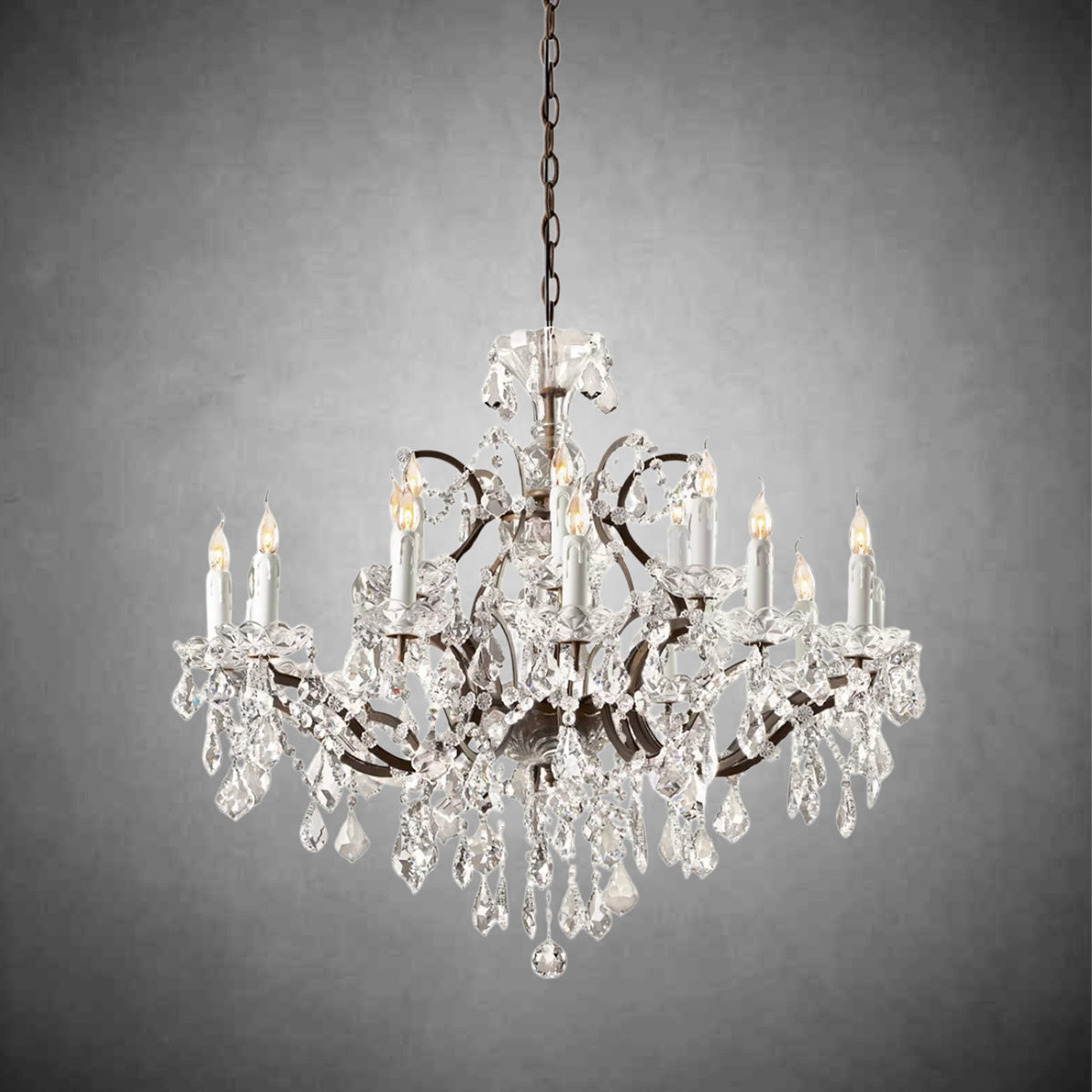 HA Rococo Iron Crystal Round Chandelier 33in Antique Brass