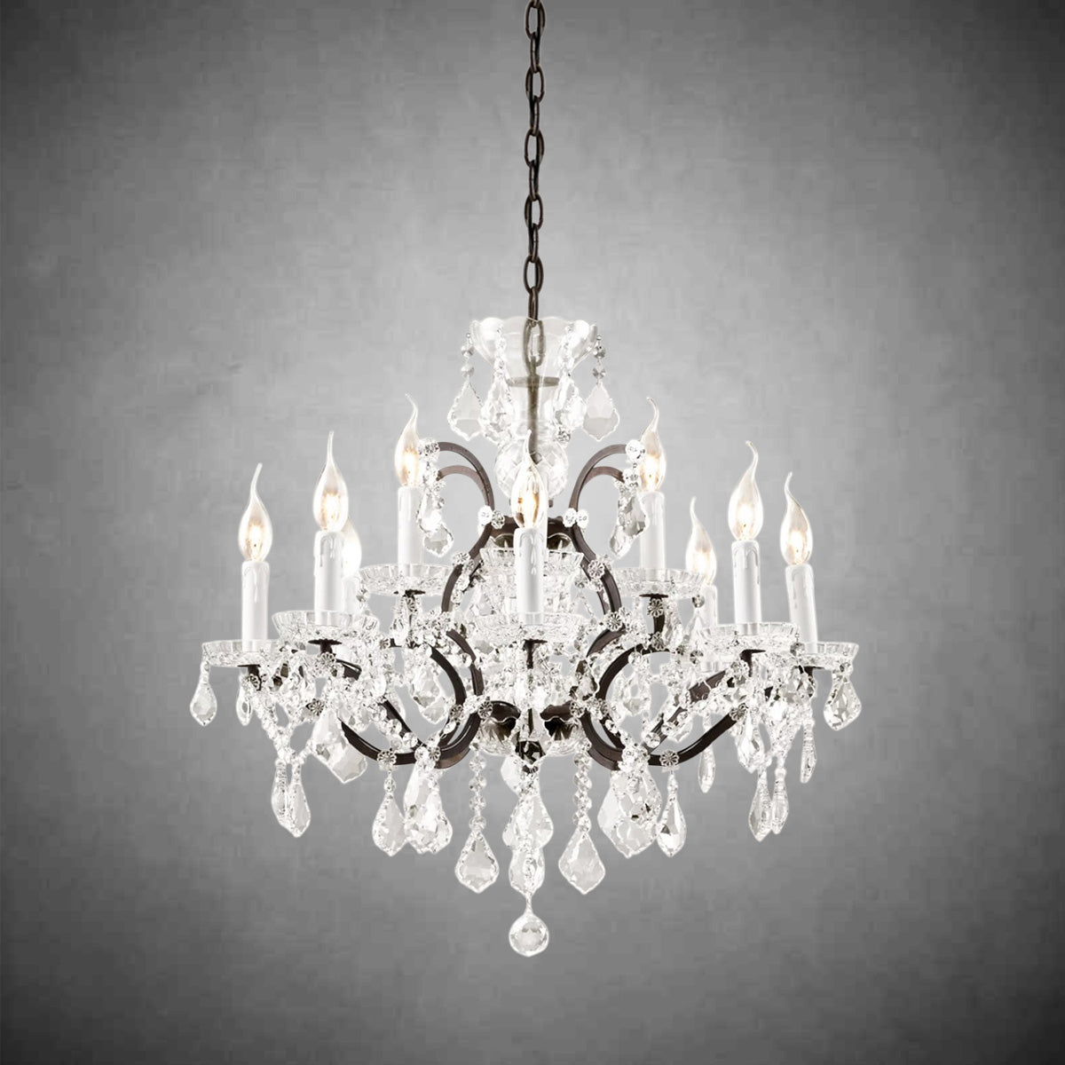 Rococo Iron & Crystal Round Chandelier 28" with Antiqued Brass Finish
