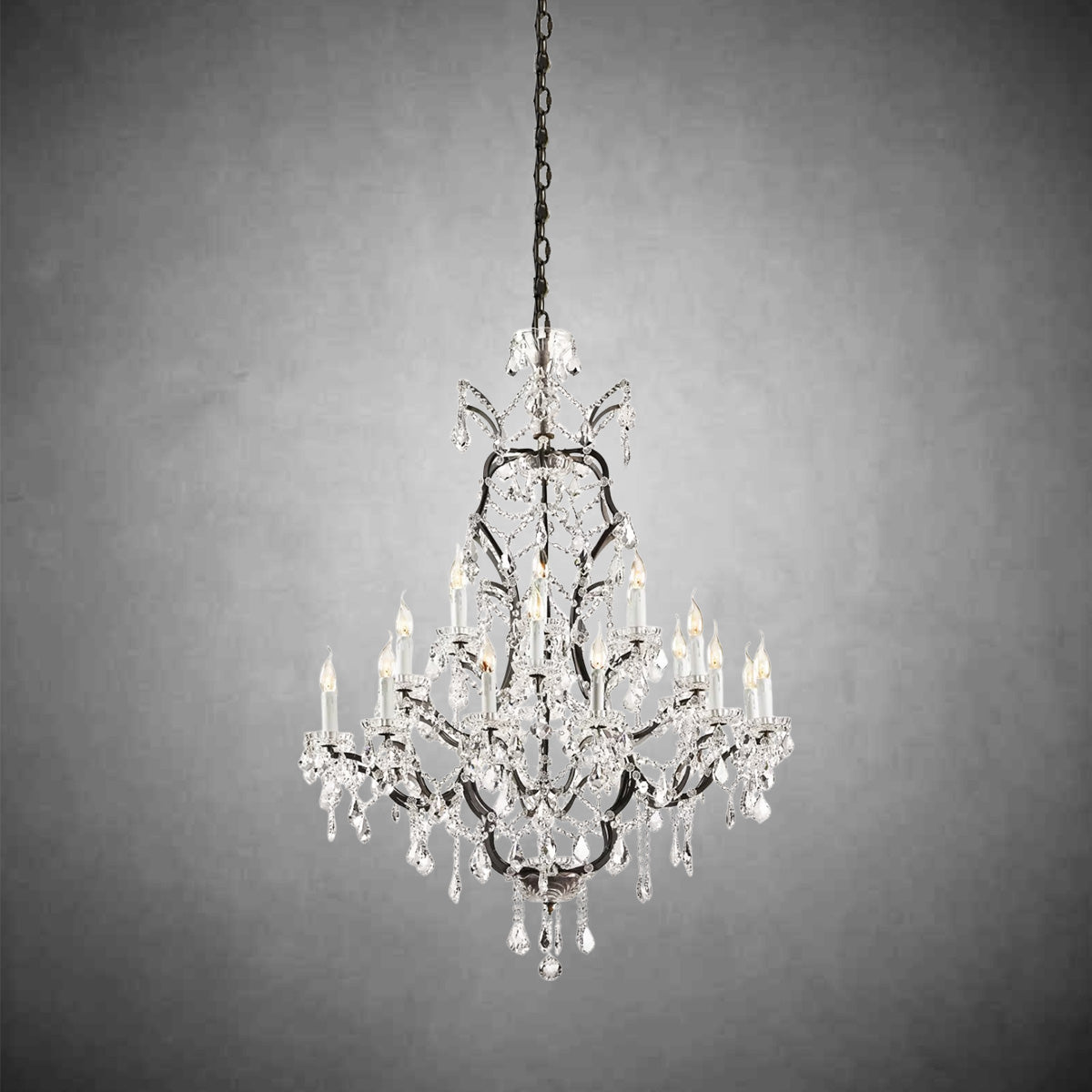Rococo Iron & Crystal 40" Round Chandelier with Vintage Brass Finish