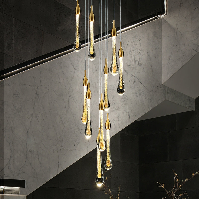 Foyer Glass Drops Pendant Chandelier Spiral Staircase High Ceiling Light Fixture In Gold Finish-MEET LIGHTING
