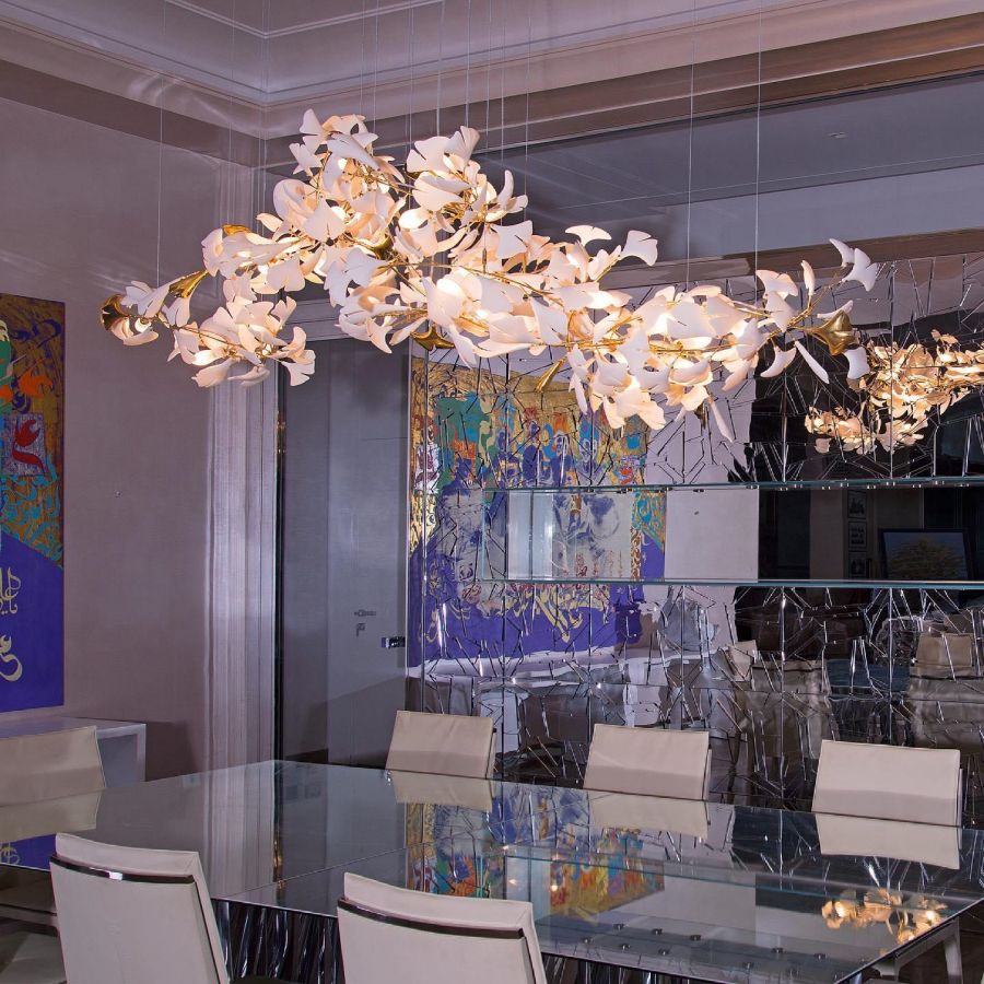 Ceramic Ginkgo Leaf Linear Extended Chandelier-MEET LIGHTING