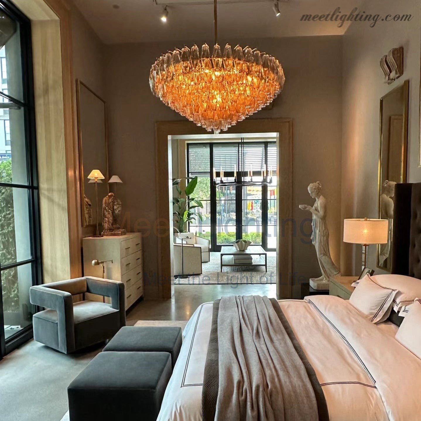 Chara Smoke Glass Tiered Rectangular Chandelier 74"-MEET LIGHTING