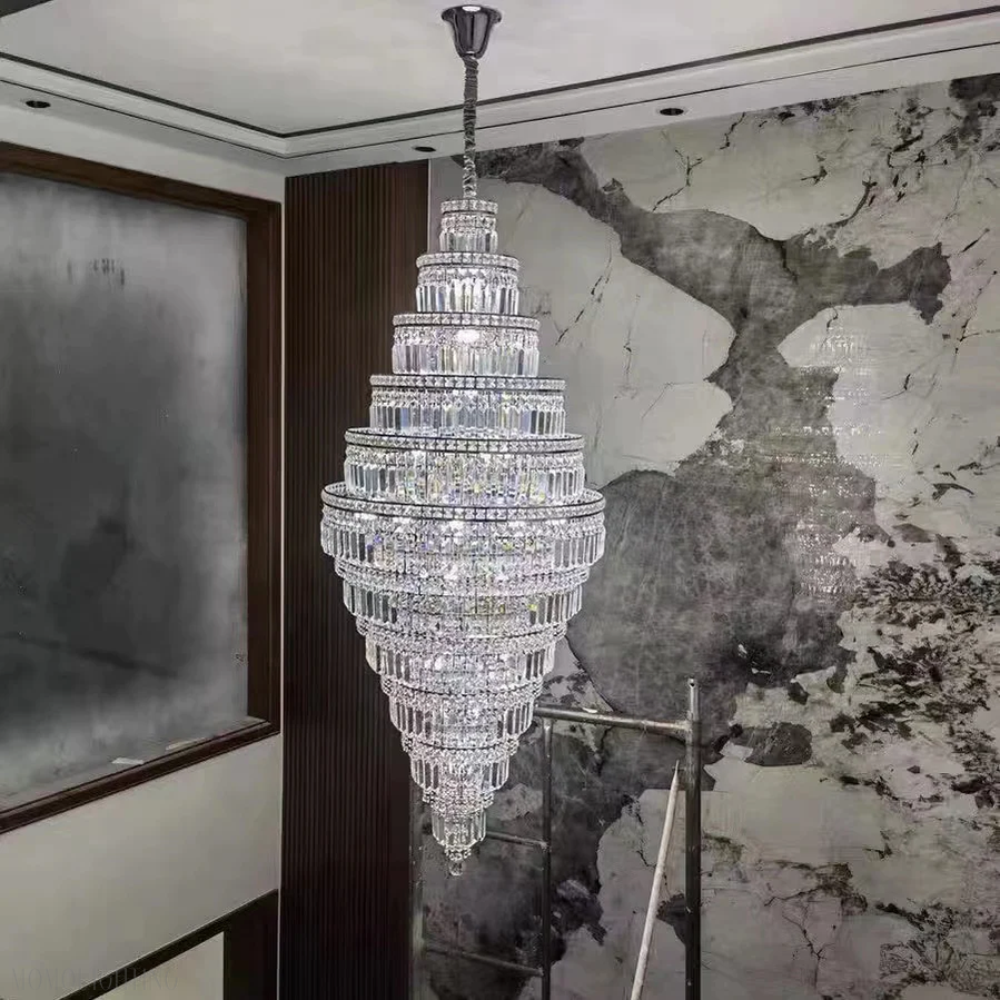 Chrome Extra Large Crystal Chandelier for Foyer Staircase Living Room Entrance Ceiling Light Fixture In Silver-MEET LIGHTING