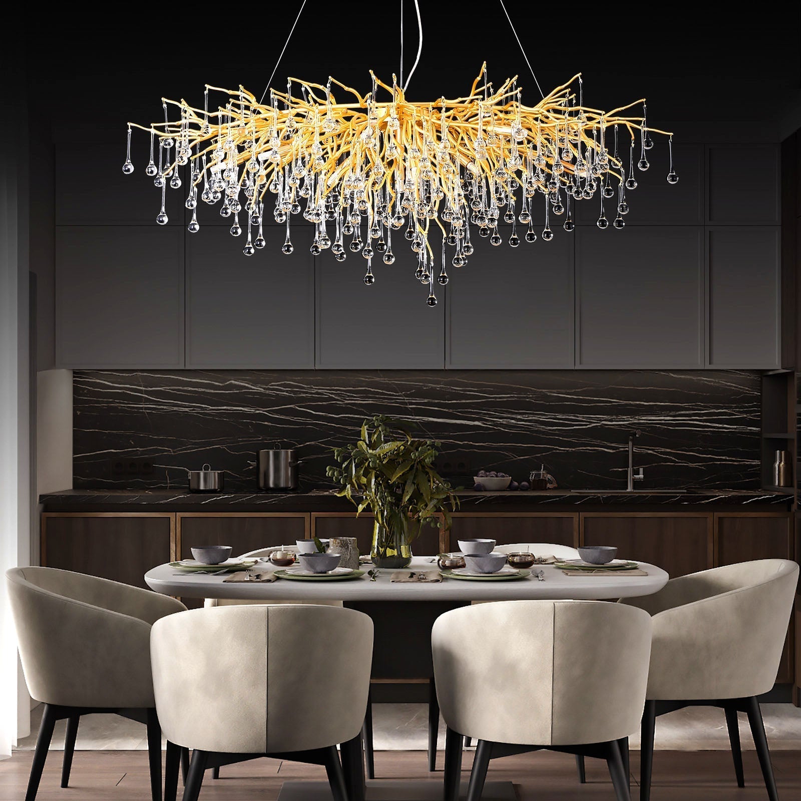 Doris Crystal Rectangular Branch Chandelier L45"-MEET LIGHTING