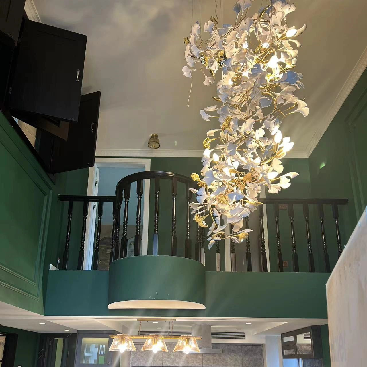 Ceramics Ginkgo Leaves Twig Chandelier Tree Branch Shaped Pendant Light For High Ceiling Living Room Hotel Hall-MEET LIGHTING