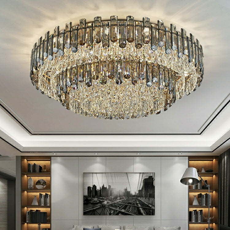 Smoke Gray Crystal Chandelier Flush Mounted Ceiling Light Fitxture Set for Dining Room/Living Room-MEET LIGHTING