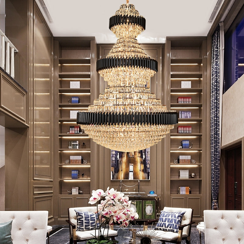 Golden Era Grand Fountain Crystal Chandelier with Black Tube for Staircase/Foyer/High-ceiling-MEET LIGHTING