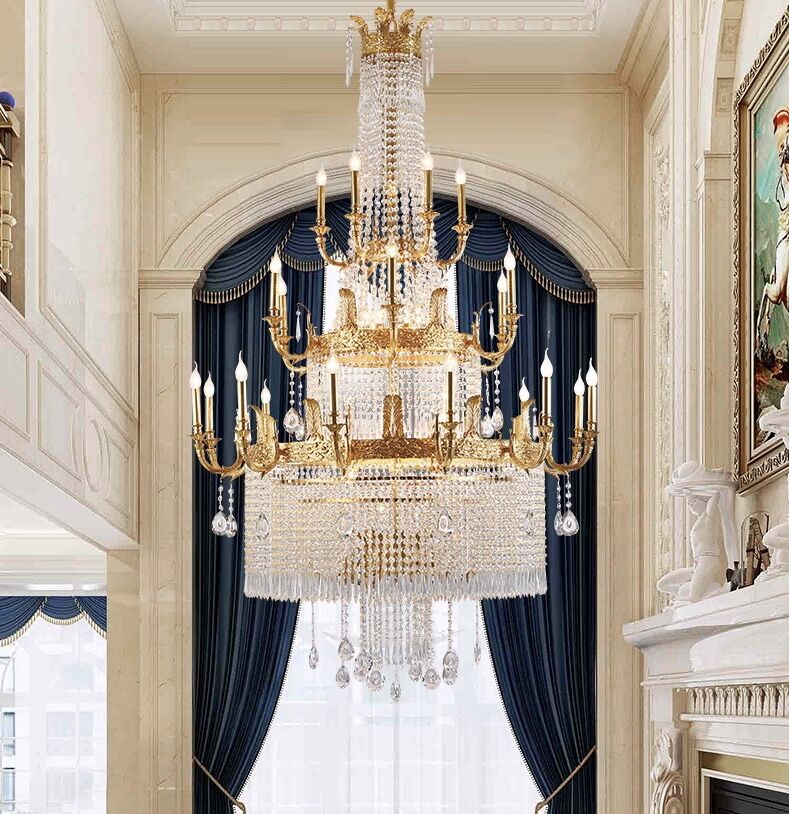 Stunning Oversized Luxury Golden Metal Candle Crystal Tassel Chandelier For High-ceiling Staircase/Entryway/Living/Meeting Room-MEET LIGHTING