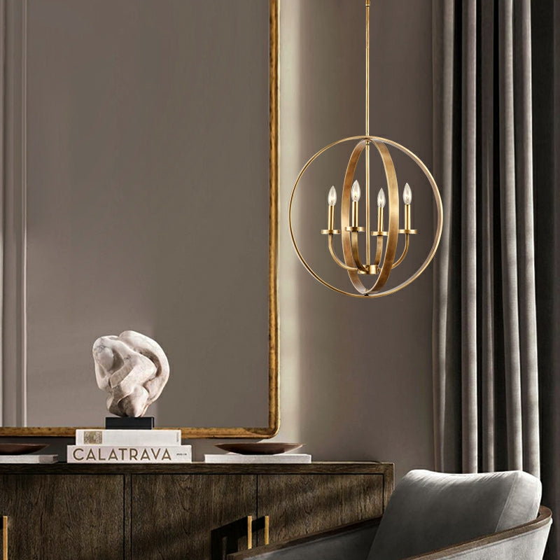 Solid 4-Light Satin Brass 22-Inch Globe Ceiling Lighting Fixture Rustic Candle Shaped Round Chandelier For Living/ Dining Room-MEET LIGHTING