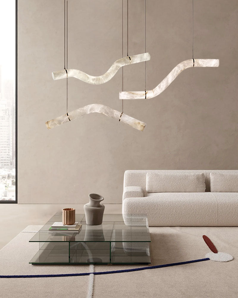 LED Linear Creative white Alabaster large copper Chandelier with straight/curved shape
