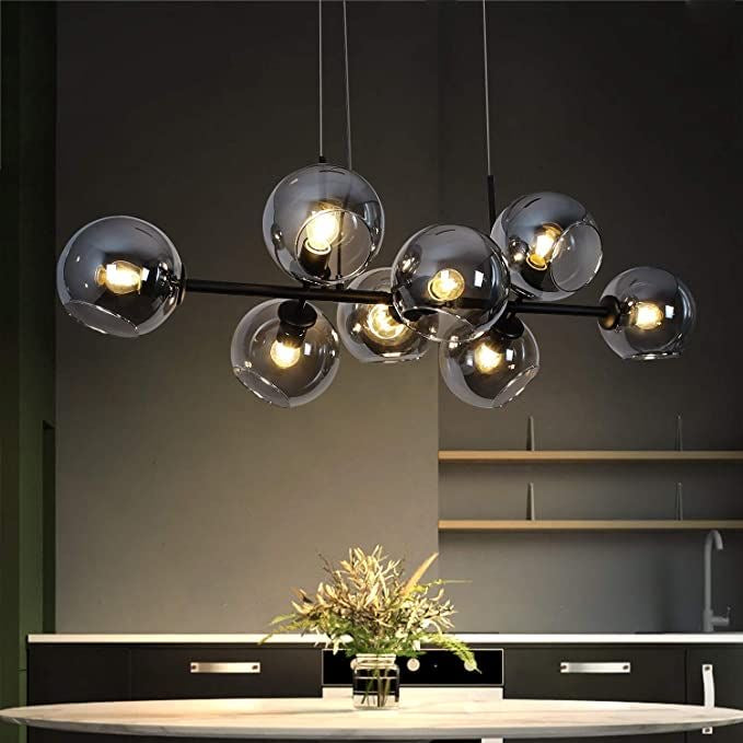 Modern Linear Smoky Gray Glass Globe Shade Chandelier for Dining Room/Kitchen Island-MEET LIGHTING