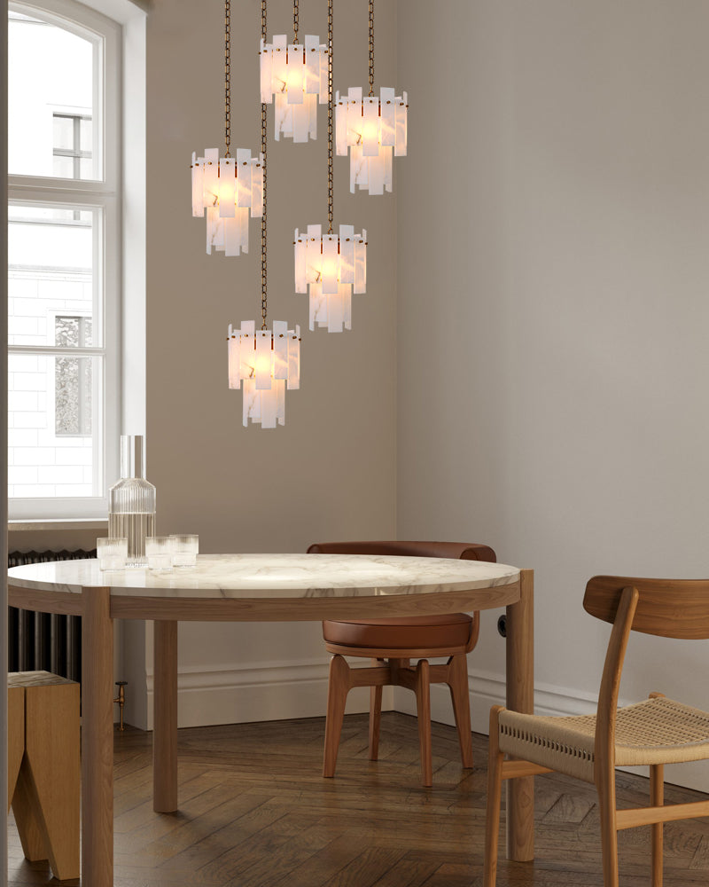 7-light 2-tier Alabaster marble Round Chandelier 13" with adjustable chain 150cm