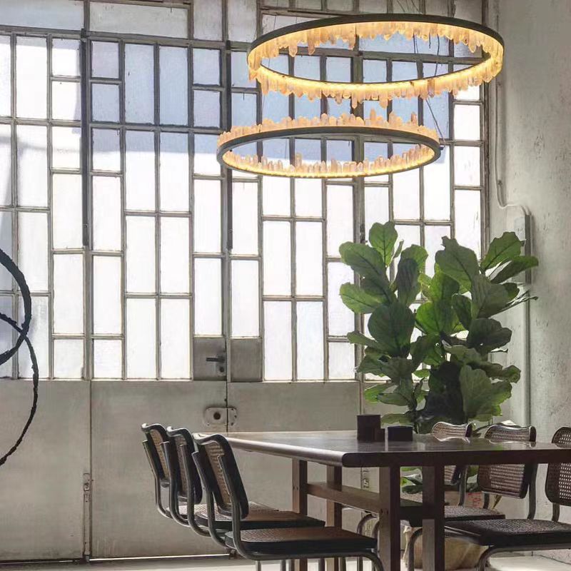 Modern Style Rings Brass & Natural Quartz Crystal Chandelier in Brass/Black Finish-MEET LIGHTING