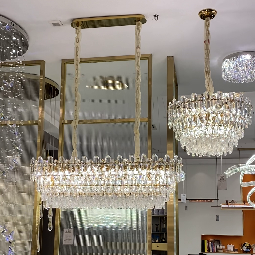 Light Luxury Round/Rectangular Clear Crystal Chandelier in Champagne Gold/Chrome Finish for Living/Dining Room/Bedroom-MEET LIGHTING