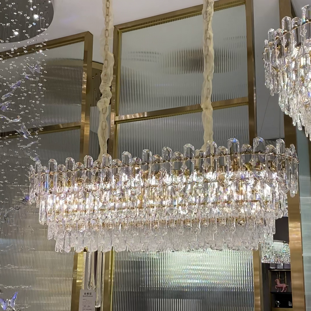 Light Luxury Round/Rectangular Clear Crystal Chandelier in Champagne Gold/Chrome Finish for Living/Dining Room/Bedroom-MEET LIGHTING